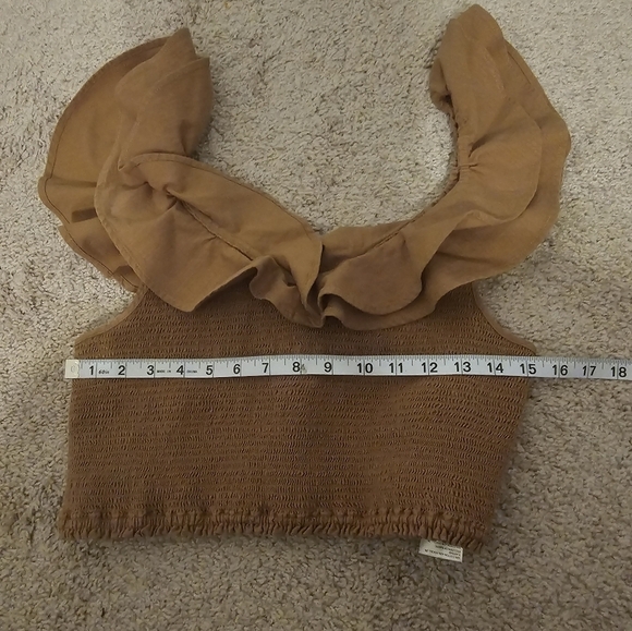Anthropologie Maeve Women's Smocked Neck Brown Neutral Ruffle Cropped Top Sze 12 - Picture 5 of 5